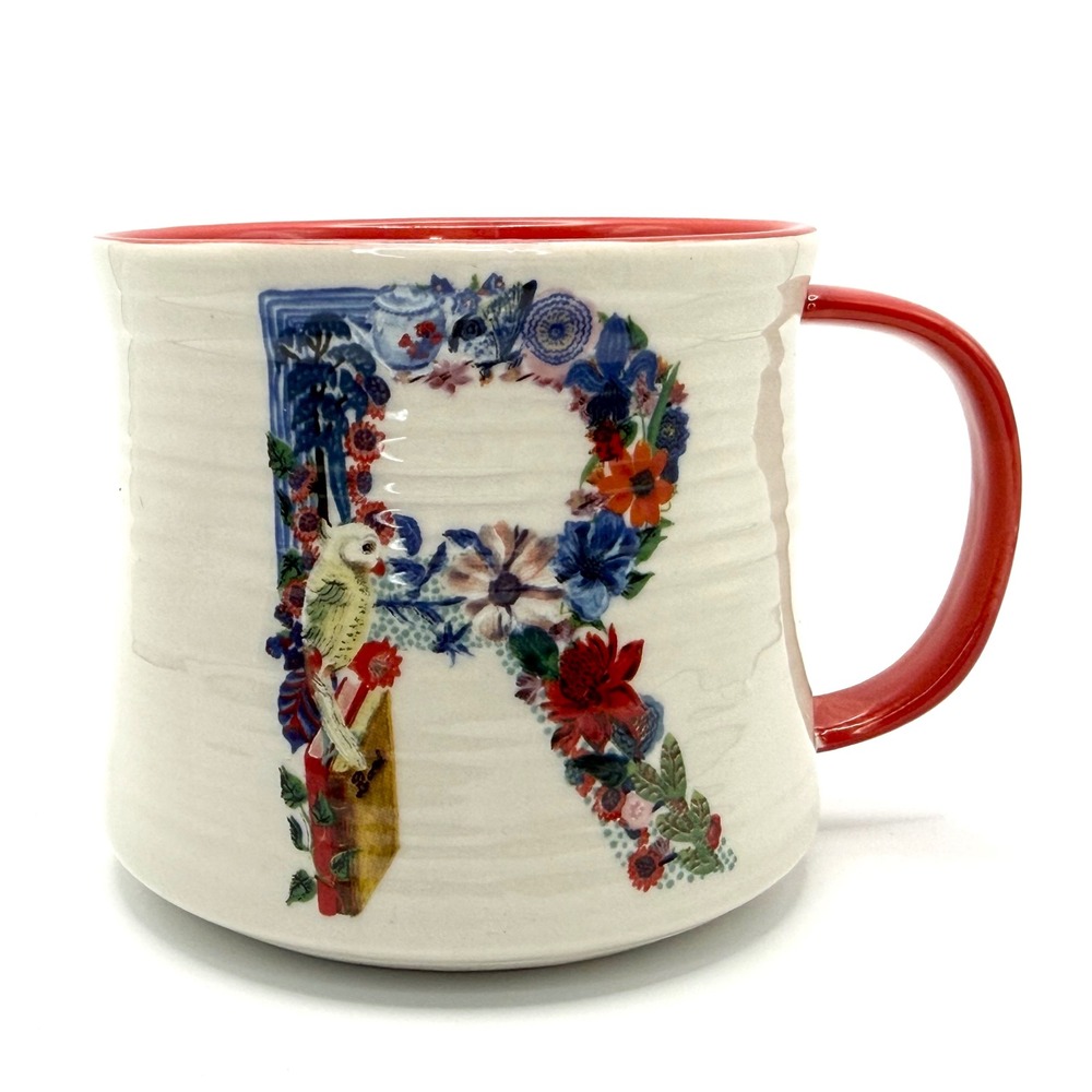 Nathalie Lete Anthropologie Monogram Mug Letter R Floral Bird Red Ivory Ceramic
